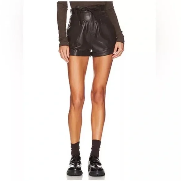 Revolve L’Academie Savon Size Small Dark Brown Leather Shorts Tie Waist Cuffed